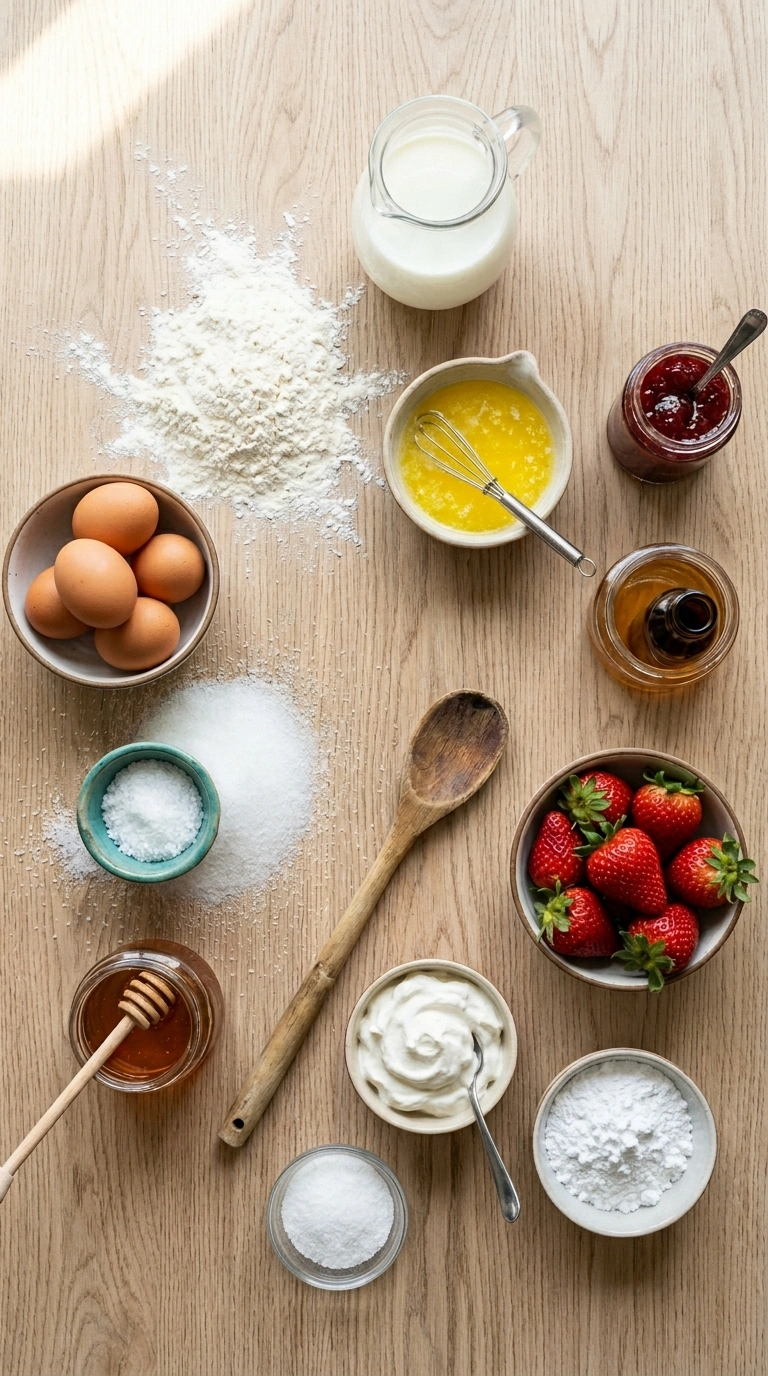 Ingredients for summer strawberry waffles family