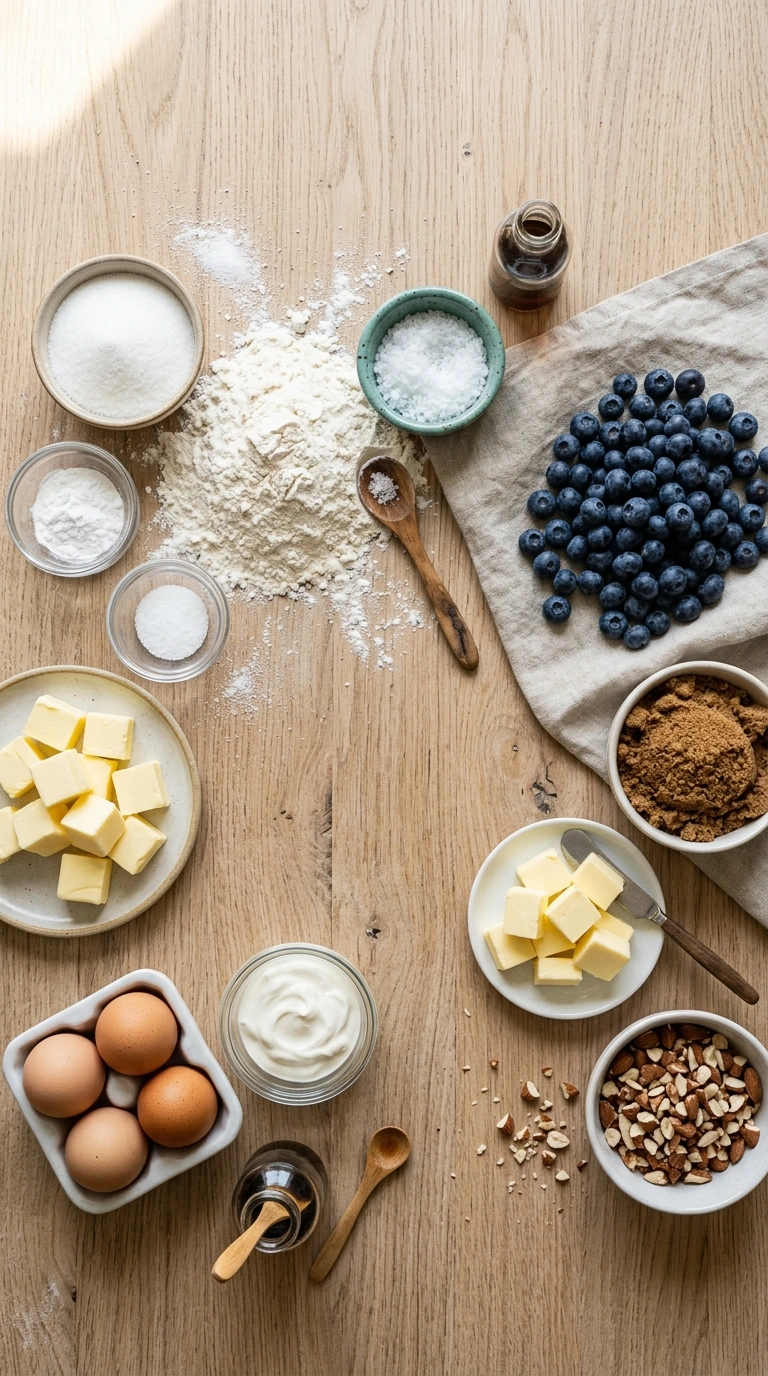 Ingredients for blueberry coffee cake family summer