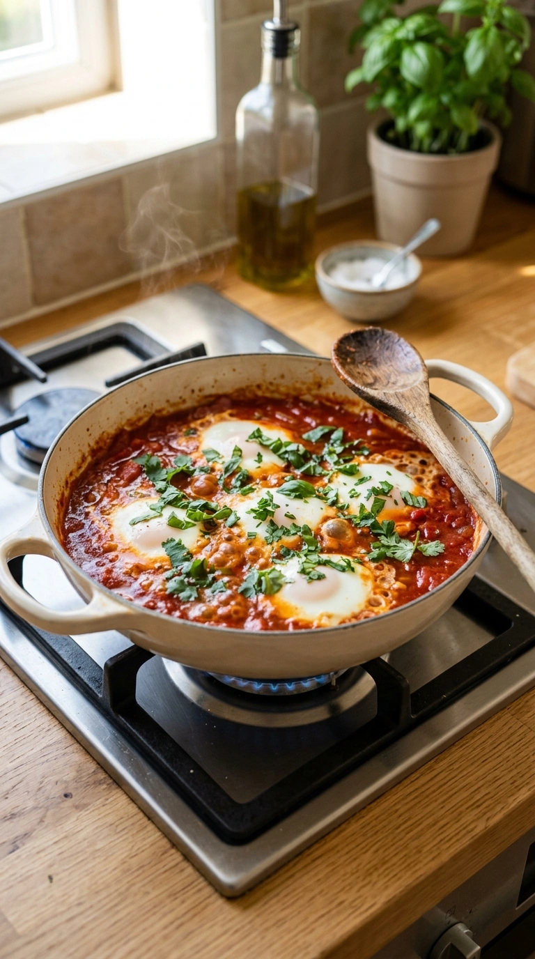 Cooking instructions for summer shakshuka breakfast family