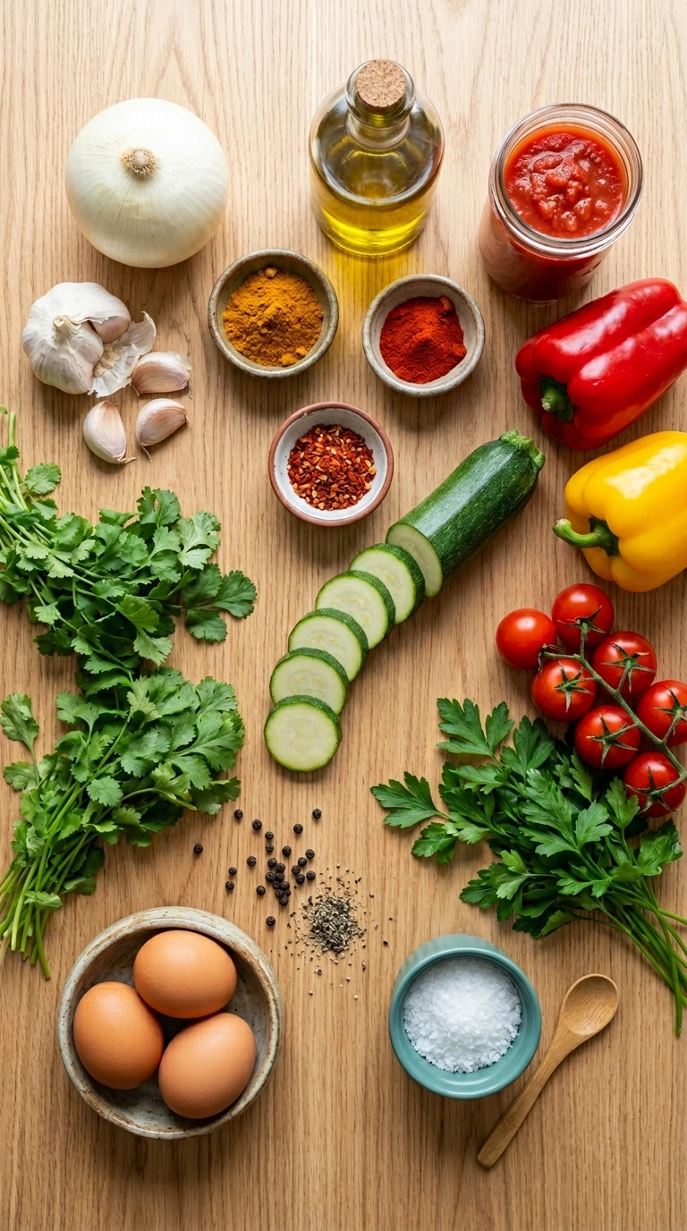 Ingredients for summer shakshuka breakfast family