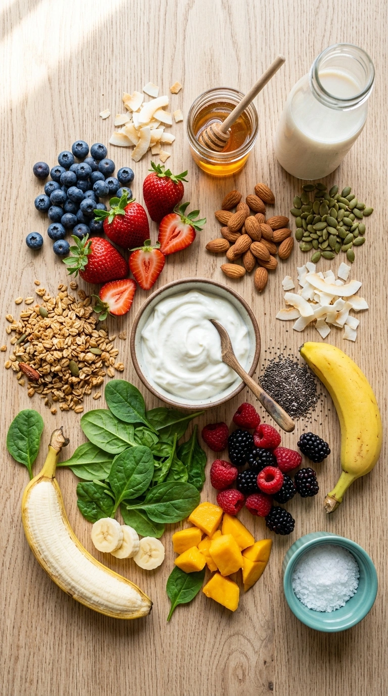 Ingredients for summer smoothie bowl family breakfast