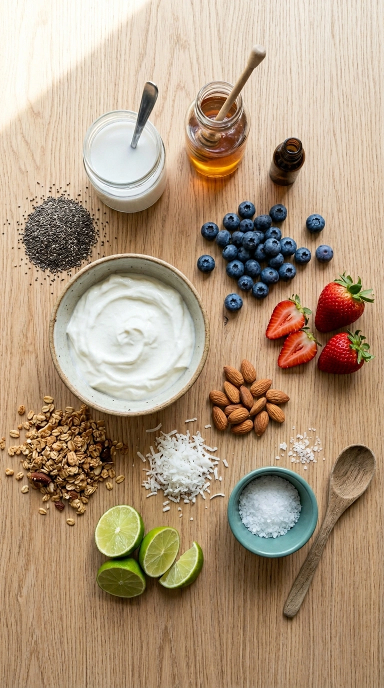 Ingredients for summer chia pudding family breakfast