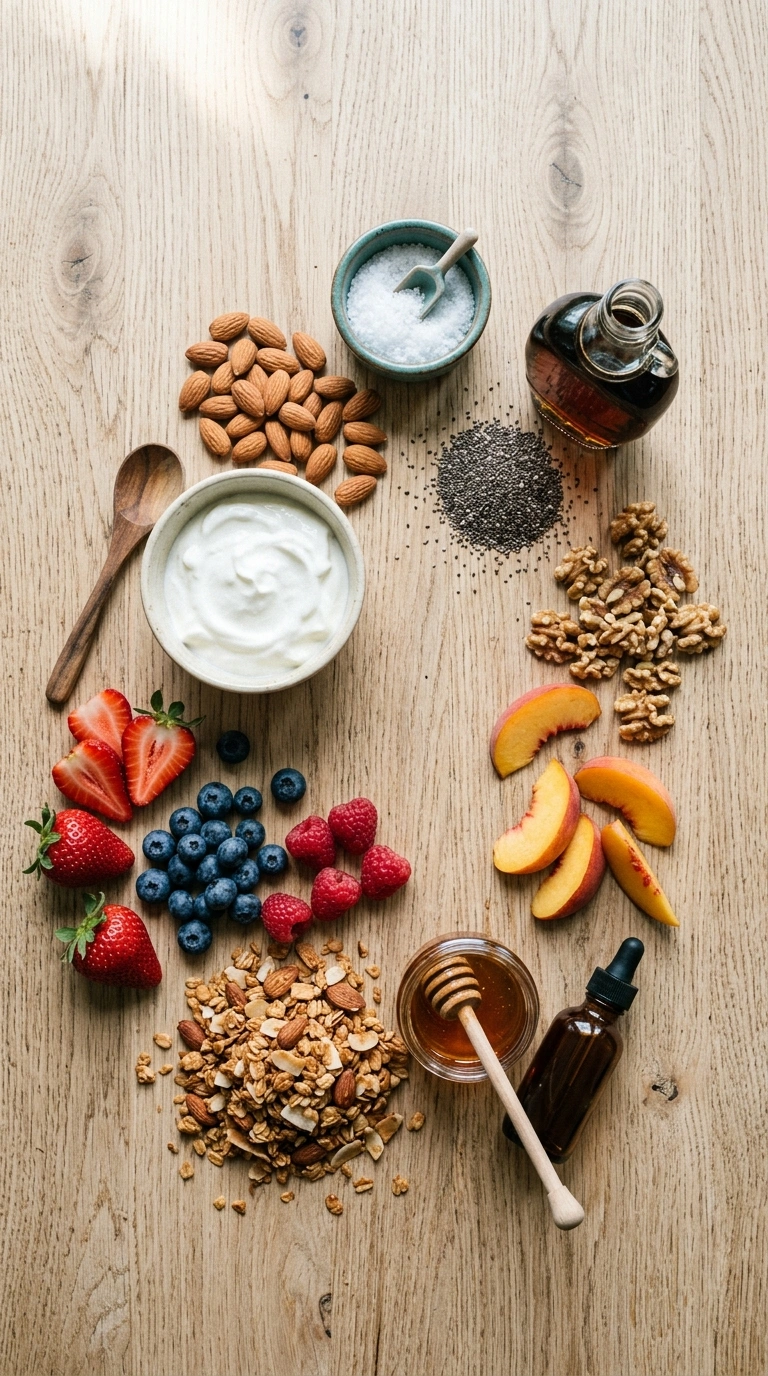 Ingredients for summer yogurt parfait family breakfast