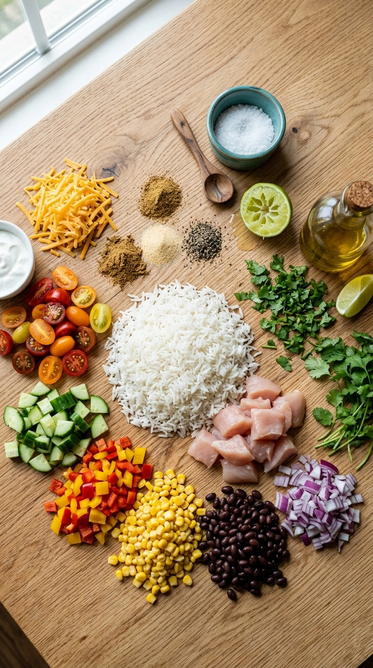 Ingredients for summer meal prep rice bowls family