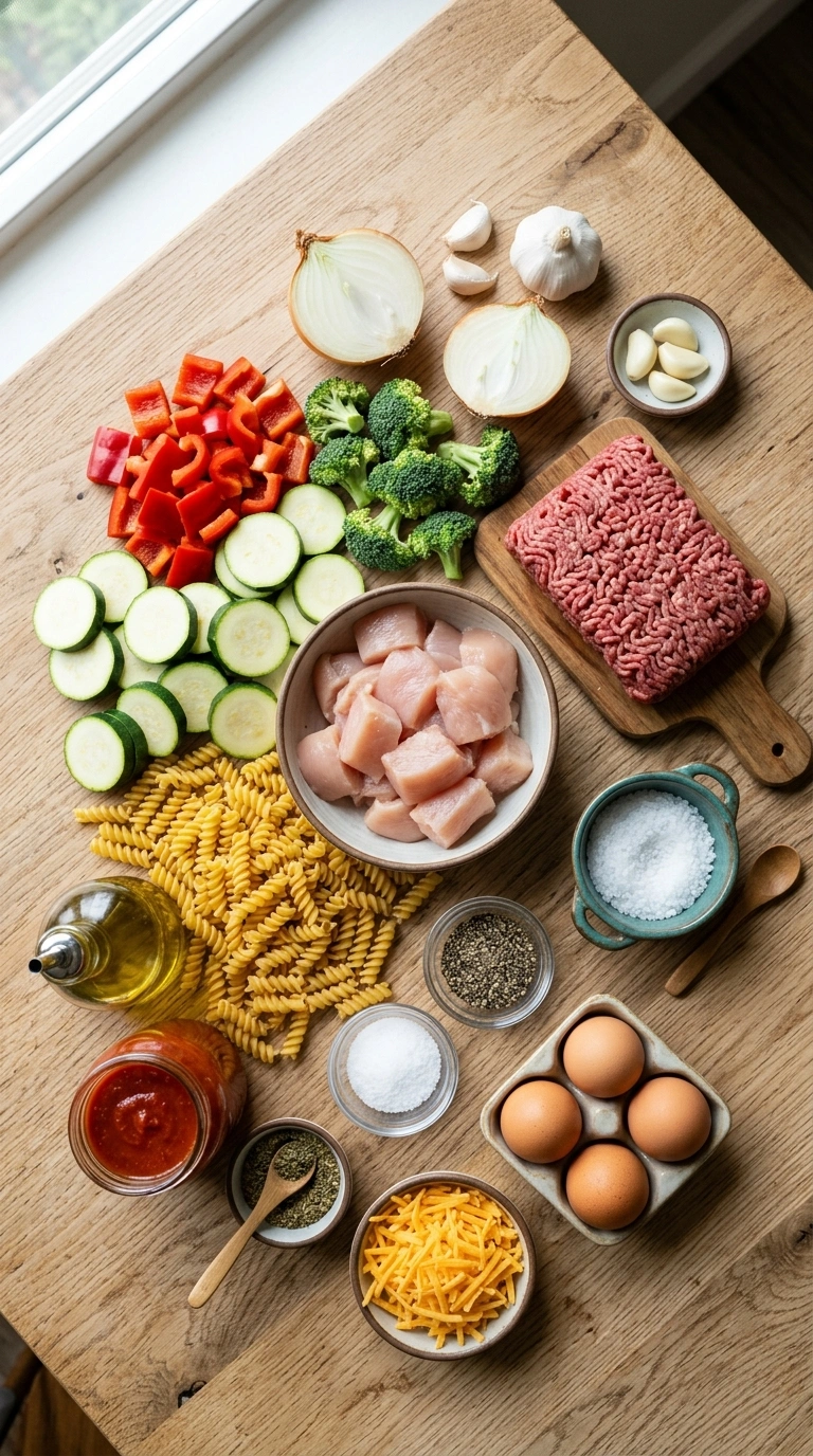 Ingredients for summer freezer meals family prep