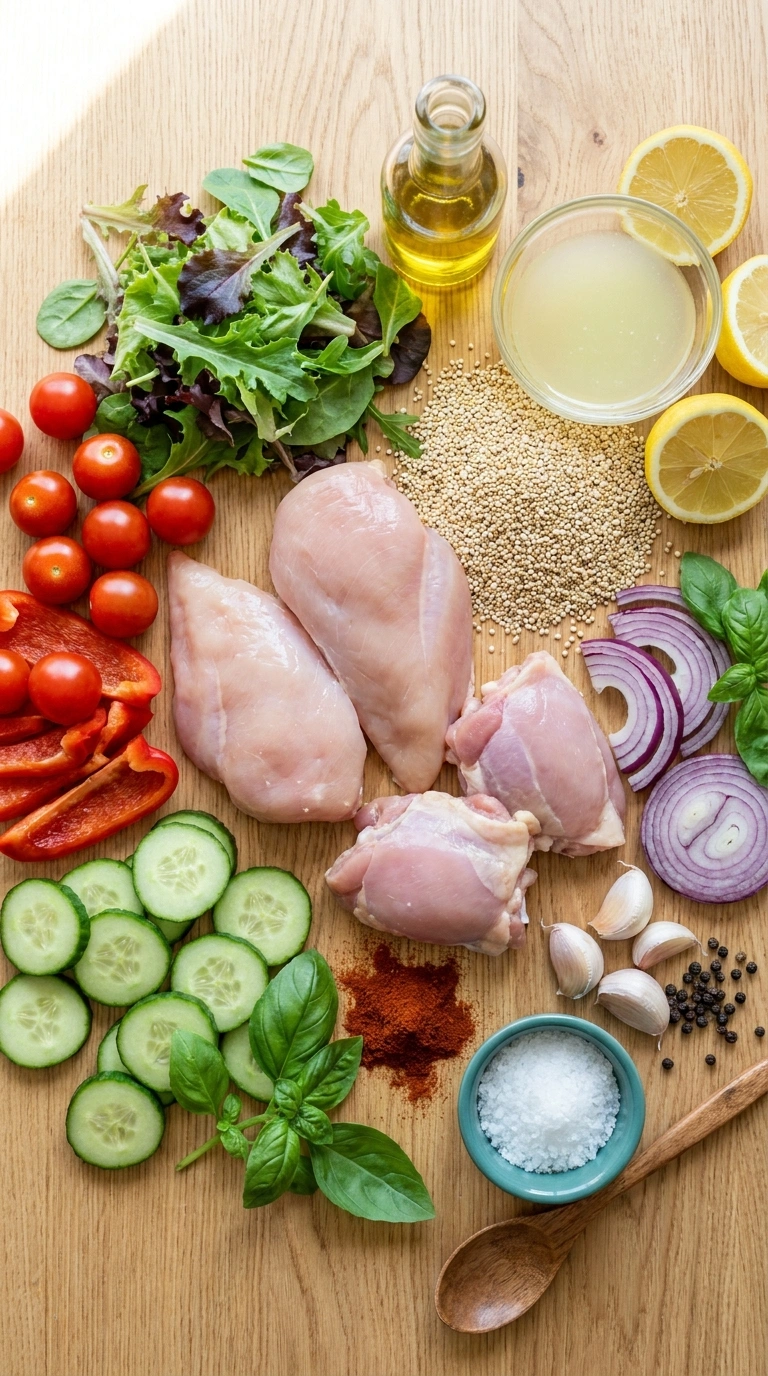 Ingredients for healthy summer chicken bowl family