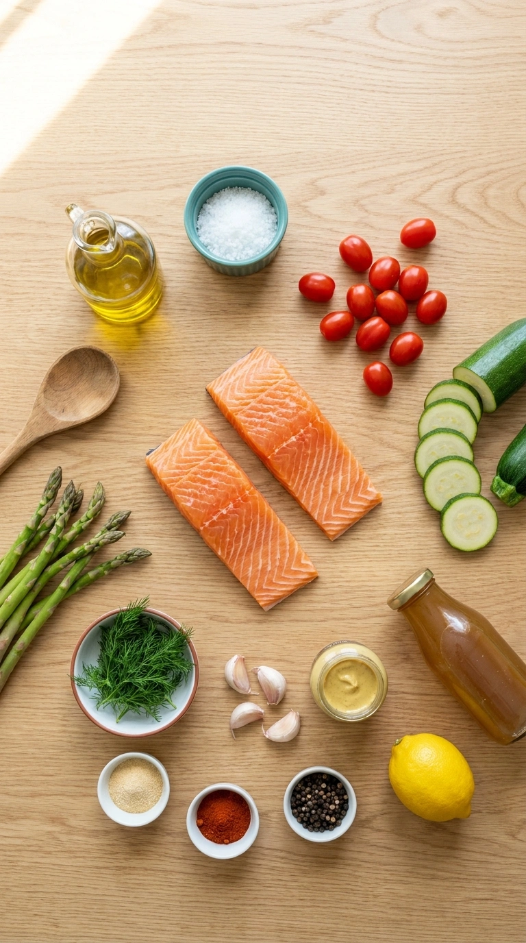 Ingredients for healthy summer salmon dinner family