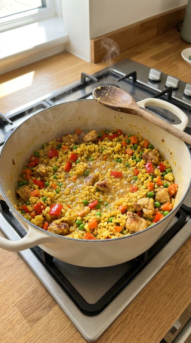 Cooking instructions for healthy summer cauliflower fried rice family