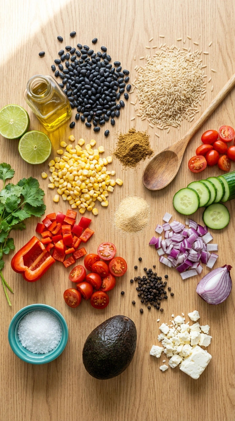 Ingredients for healthy summer black bean bowls family