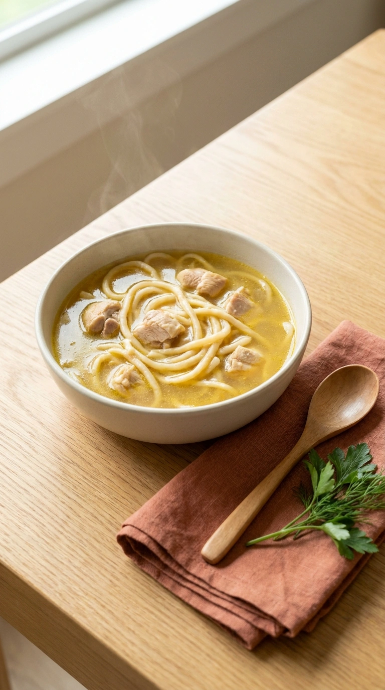 summer chicken noodle soup family ready to serve