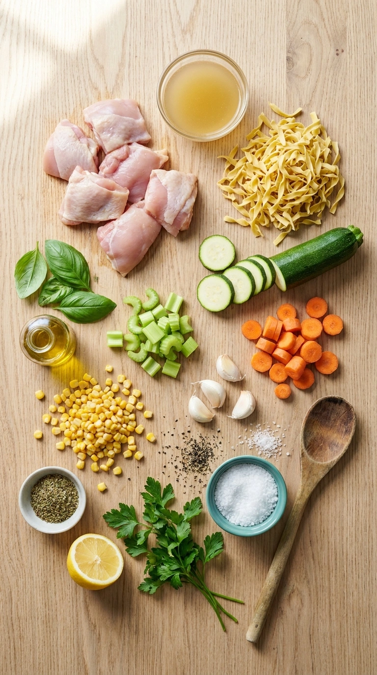 Ingredients for summer chicken noodle soup family