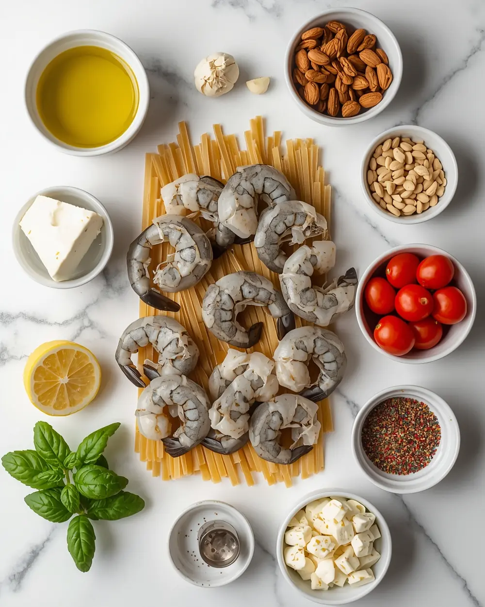 Ingredients for summer shrimp pasta family recipe