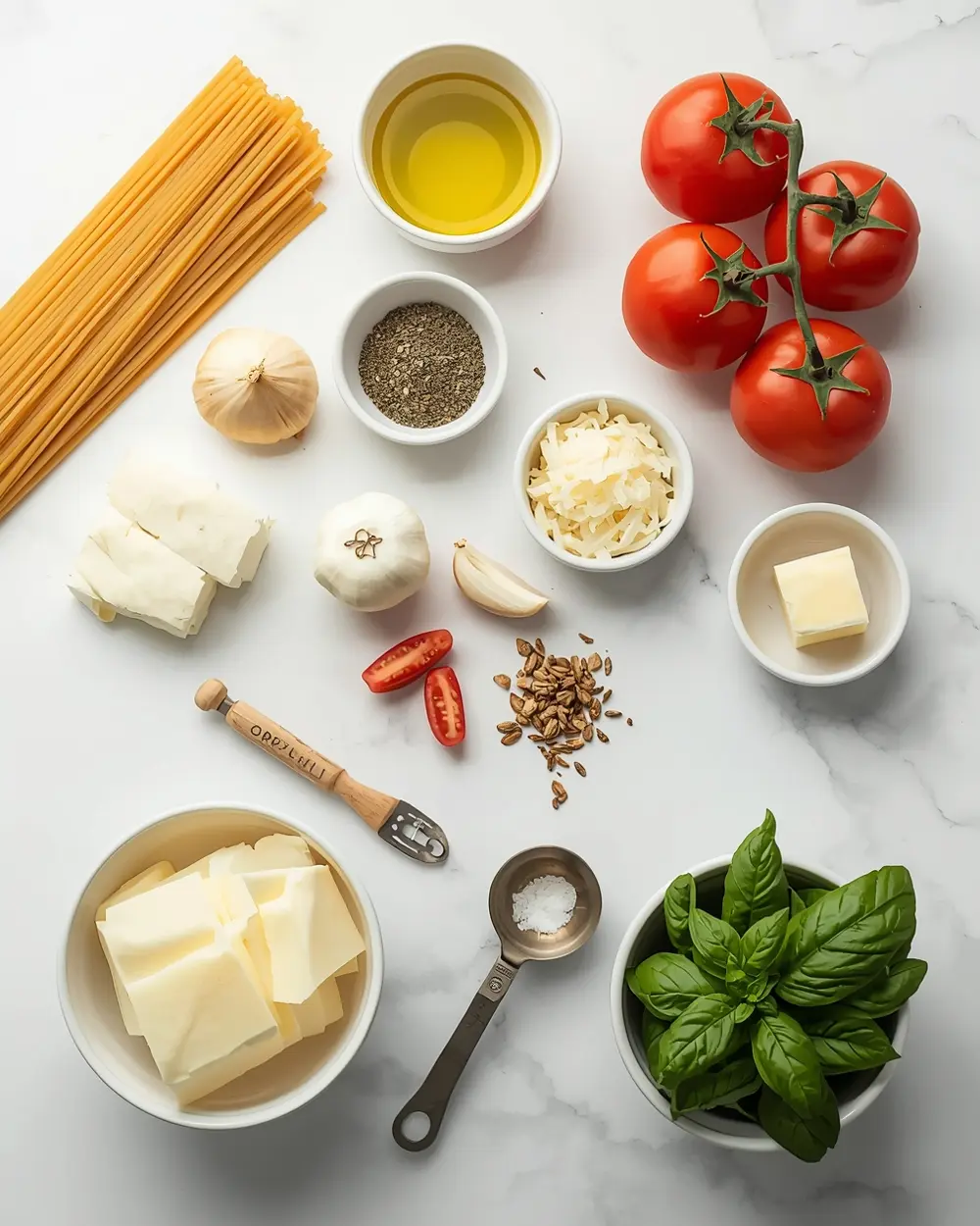 Ingredients for summer tomato basil pasta family
