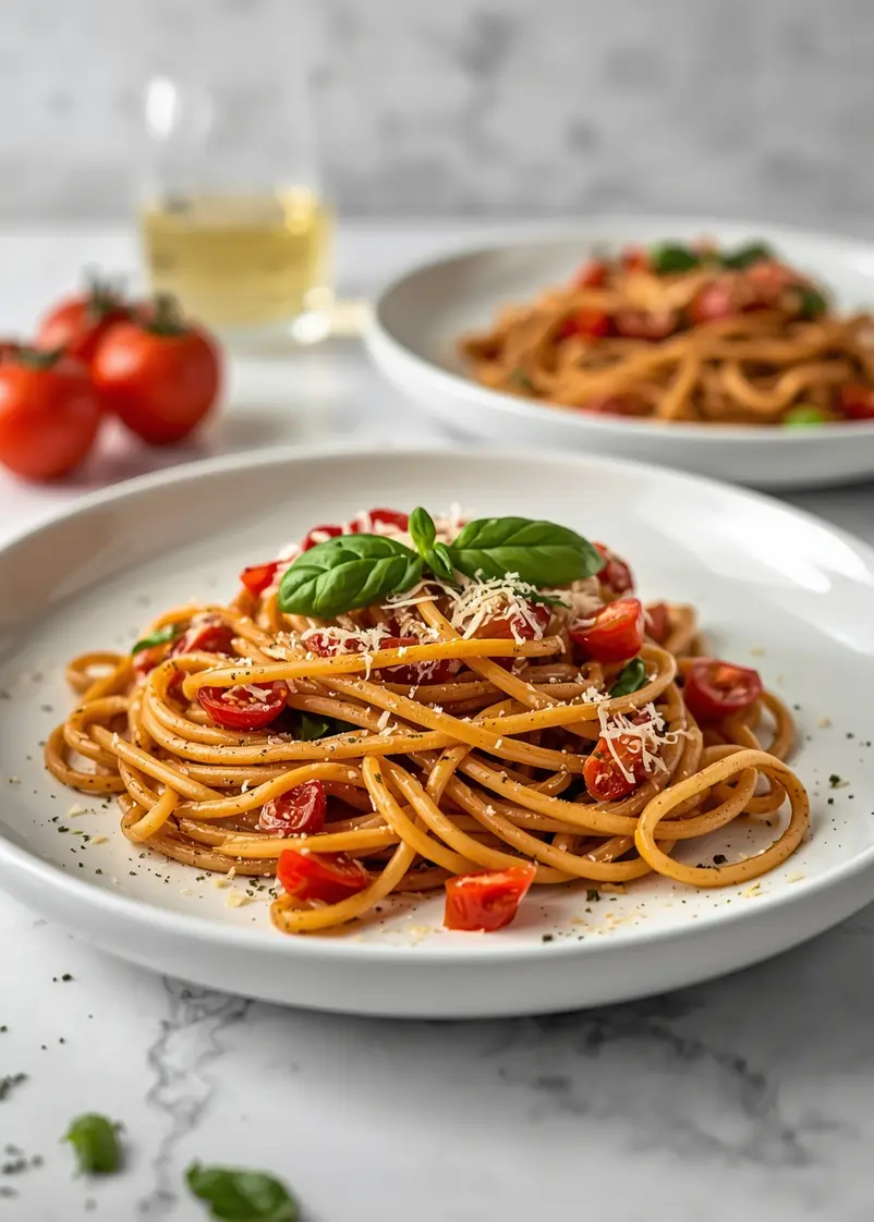 summer tomato basil pasta family ready to serve