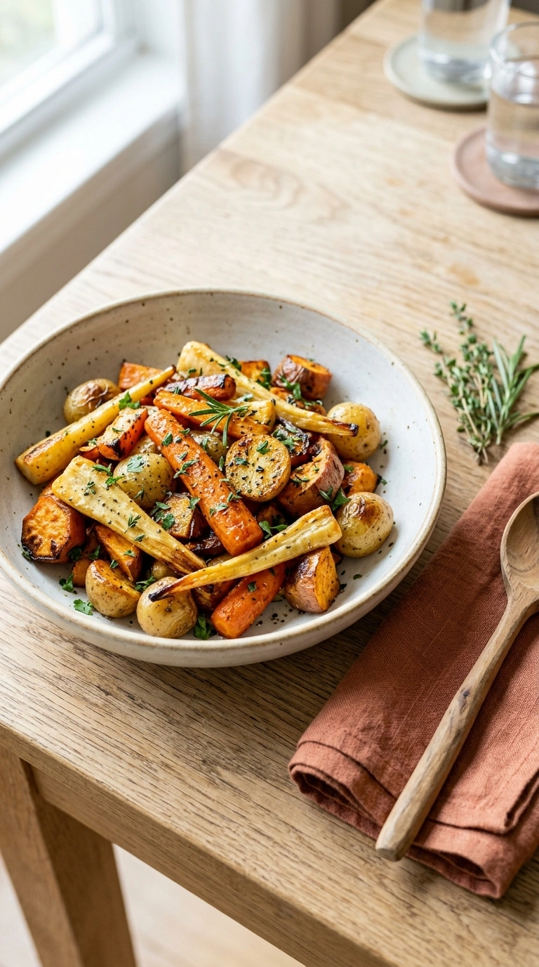thanksgiving roasted root vegetables family ready to serve