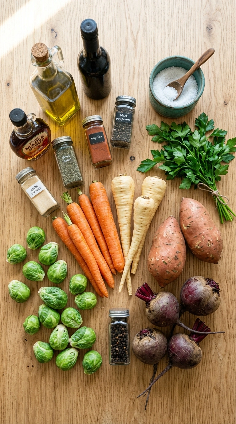 Ingredients for thanksgiving roasted root vegetables family recipe