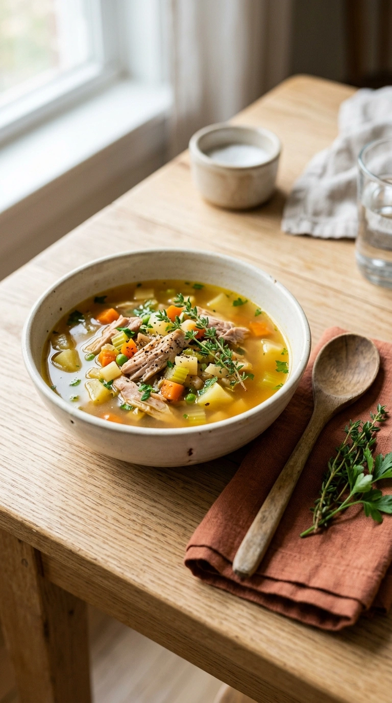 thanksgiving leftover turkey soup family ready to serve
