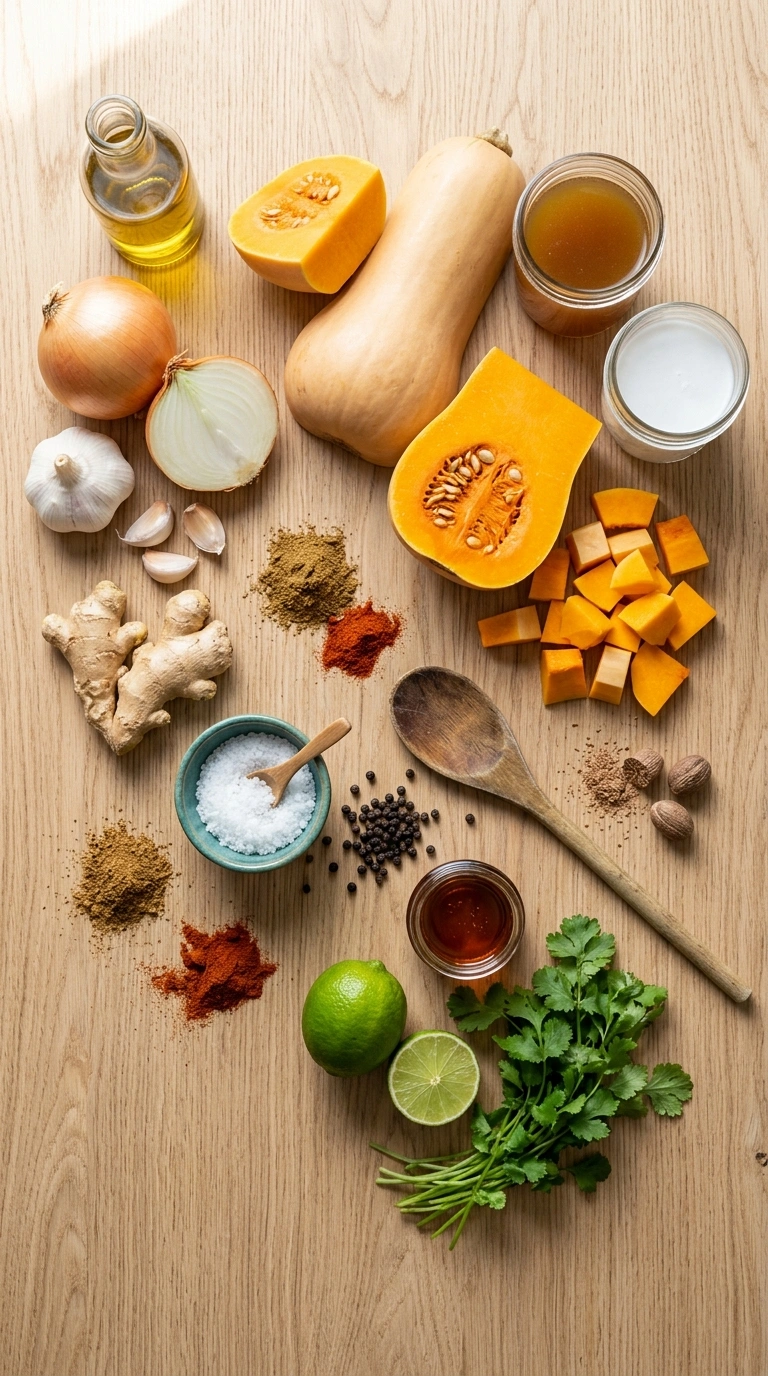Ingredients for ginger butternut squash soup