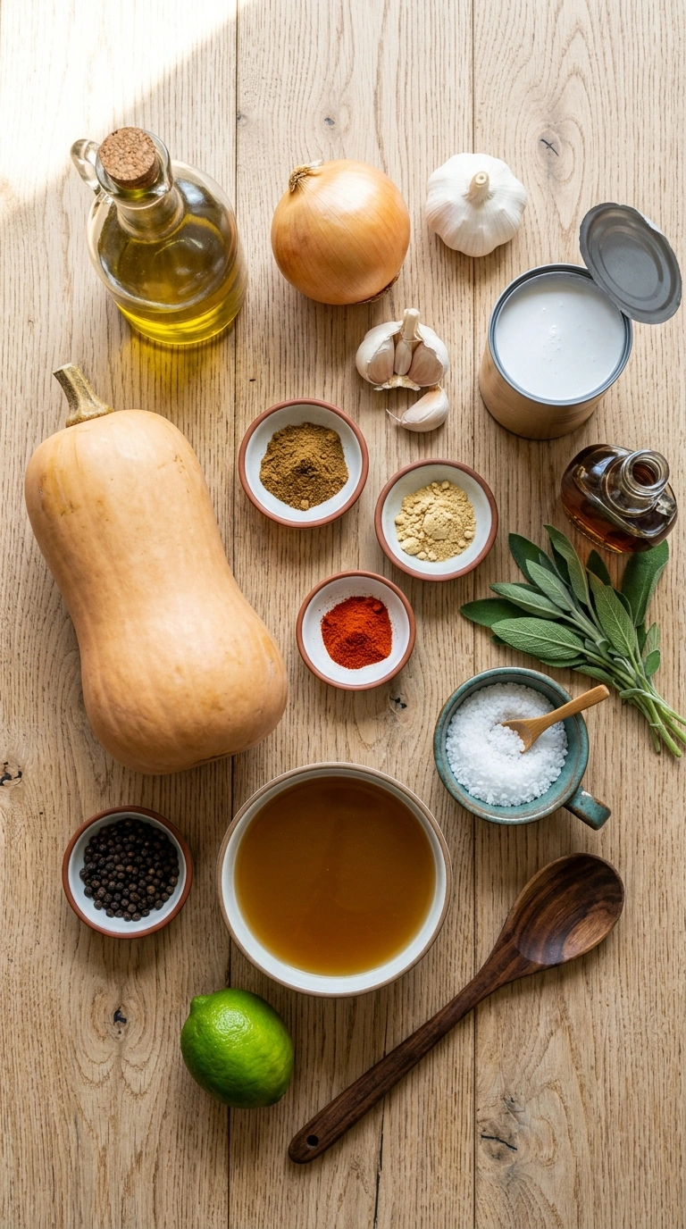 Ingredients for coconut butternut squash soup