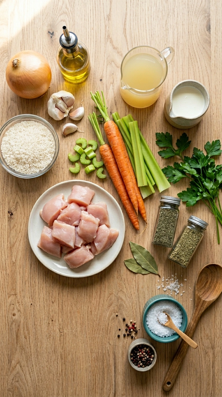 Ingredients for chicken and rice soup