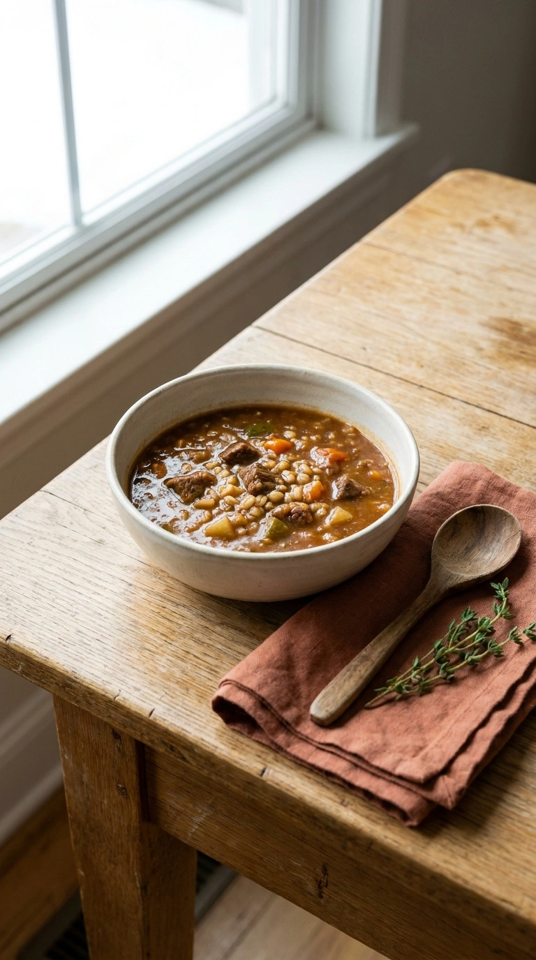 beef and barley soup ready to serve