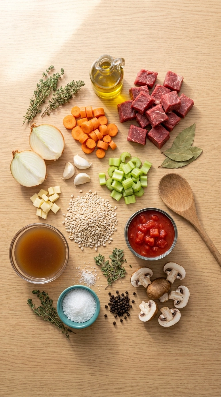 Ingredients for beef and barley soup