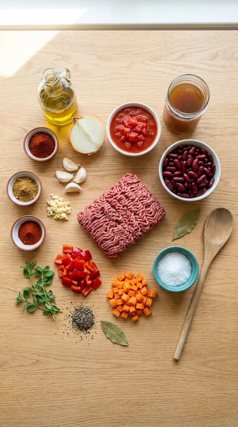 Ingredients for beef chili stew