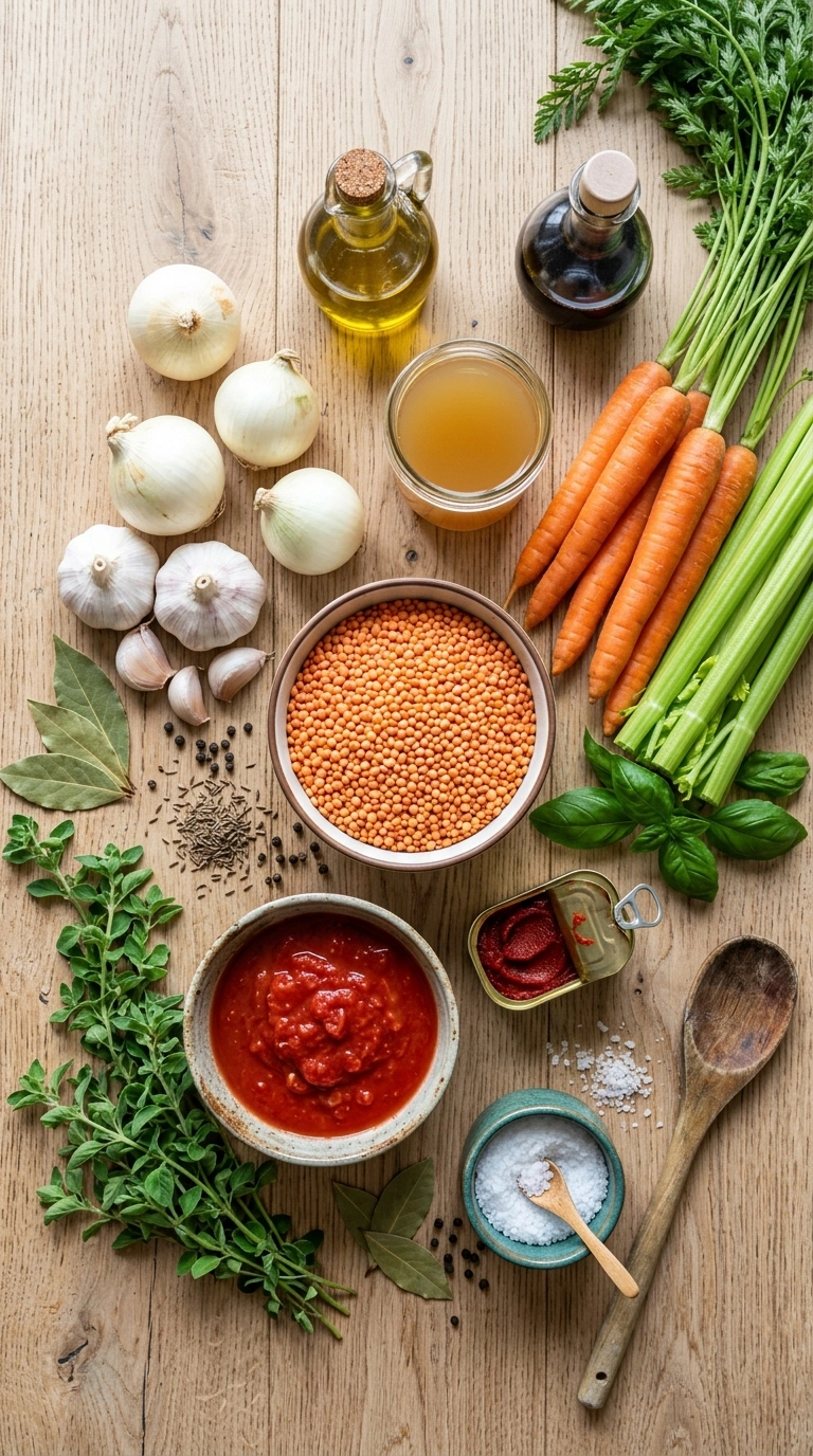 Ingredients for tomato lentil soup