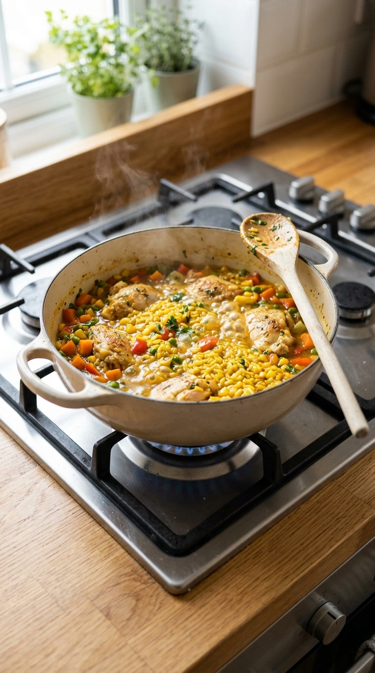 Cooking instructions for skillet chicken and rice