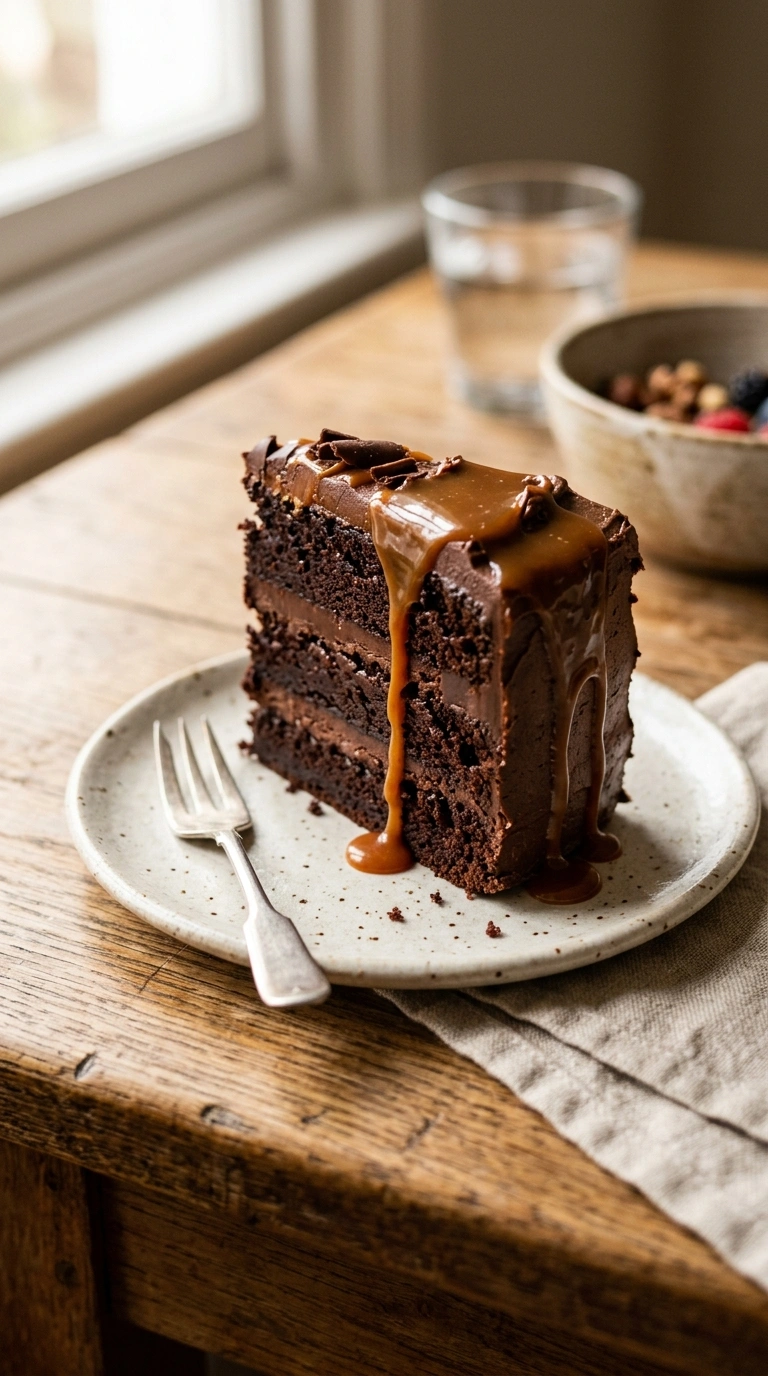 chocolate caramel cake ready to serve