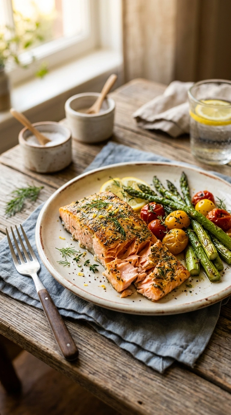 sheet pan salmon dinner ready to serve