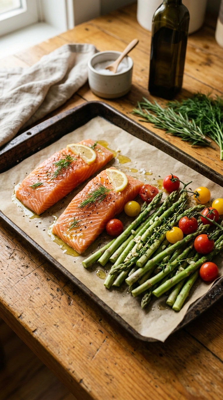 Cooking instructions for sheet pan salmon dinner