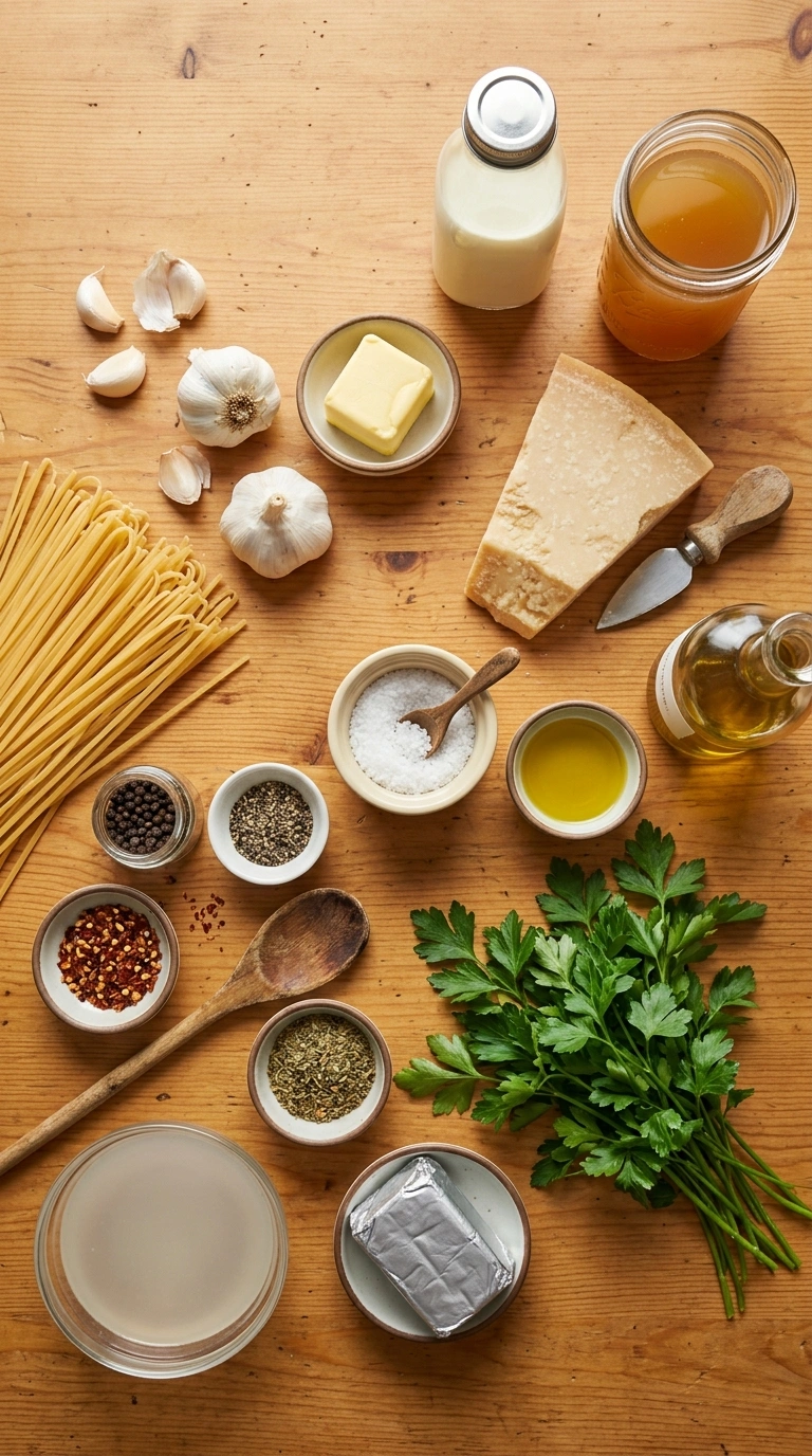 Ingredients for creamy garlic pasta
