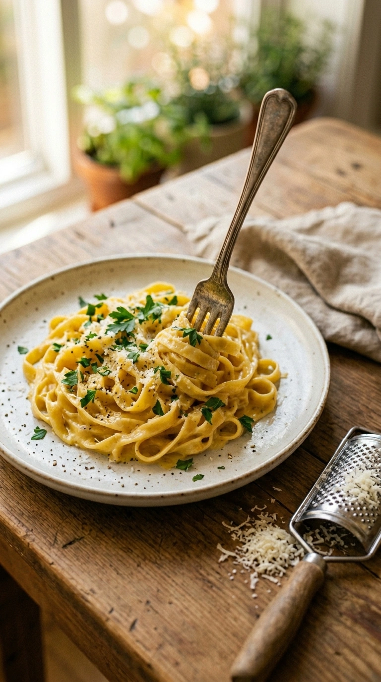 creamy garlic pasta ready to serve