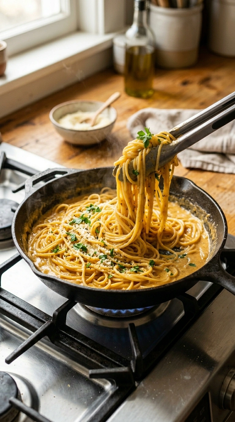 Cooking instructions for creamy garlic pasta