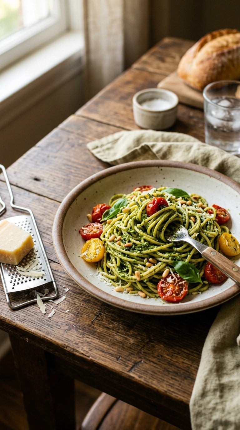weeknight pesto pasta ready to serve