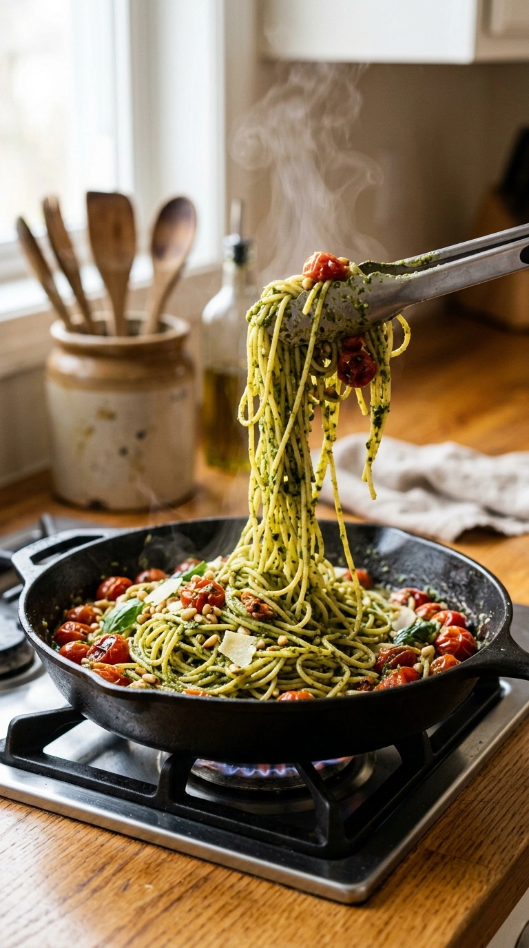 Cooking instructions for weeknight pesto pasta