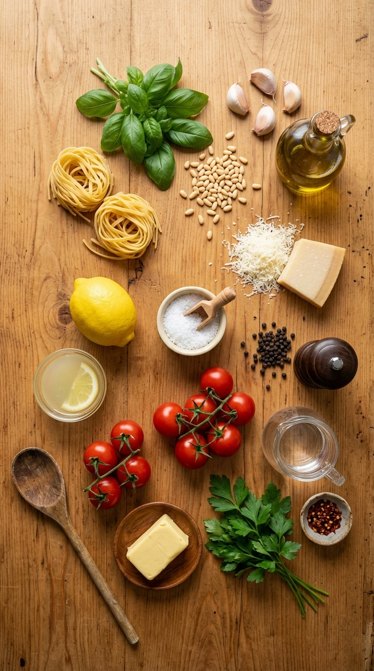 Ingredients for weeknight pesto pasta