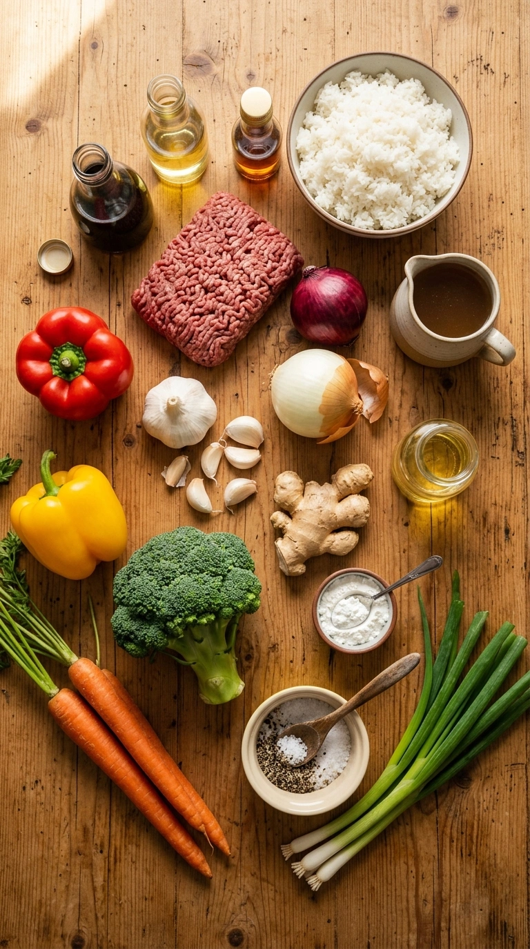 Ingredients for beef rice bowl