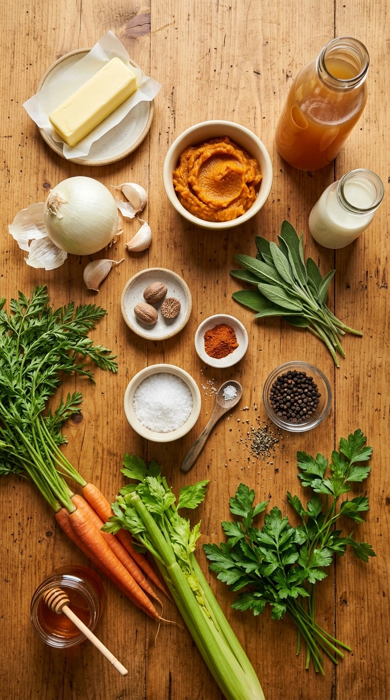 Ingredients for creamy hearty pumpkin soup