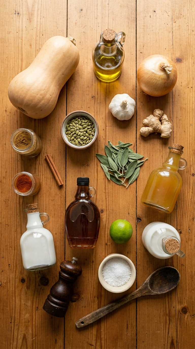 Ingredients for creamy hearty ginger butternut soup
