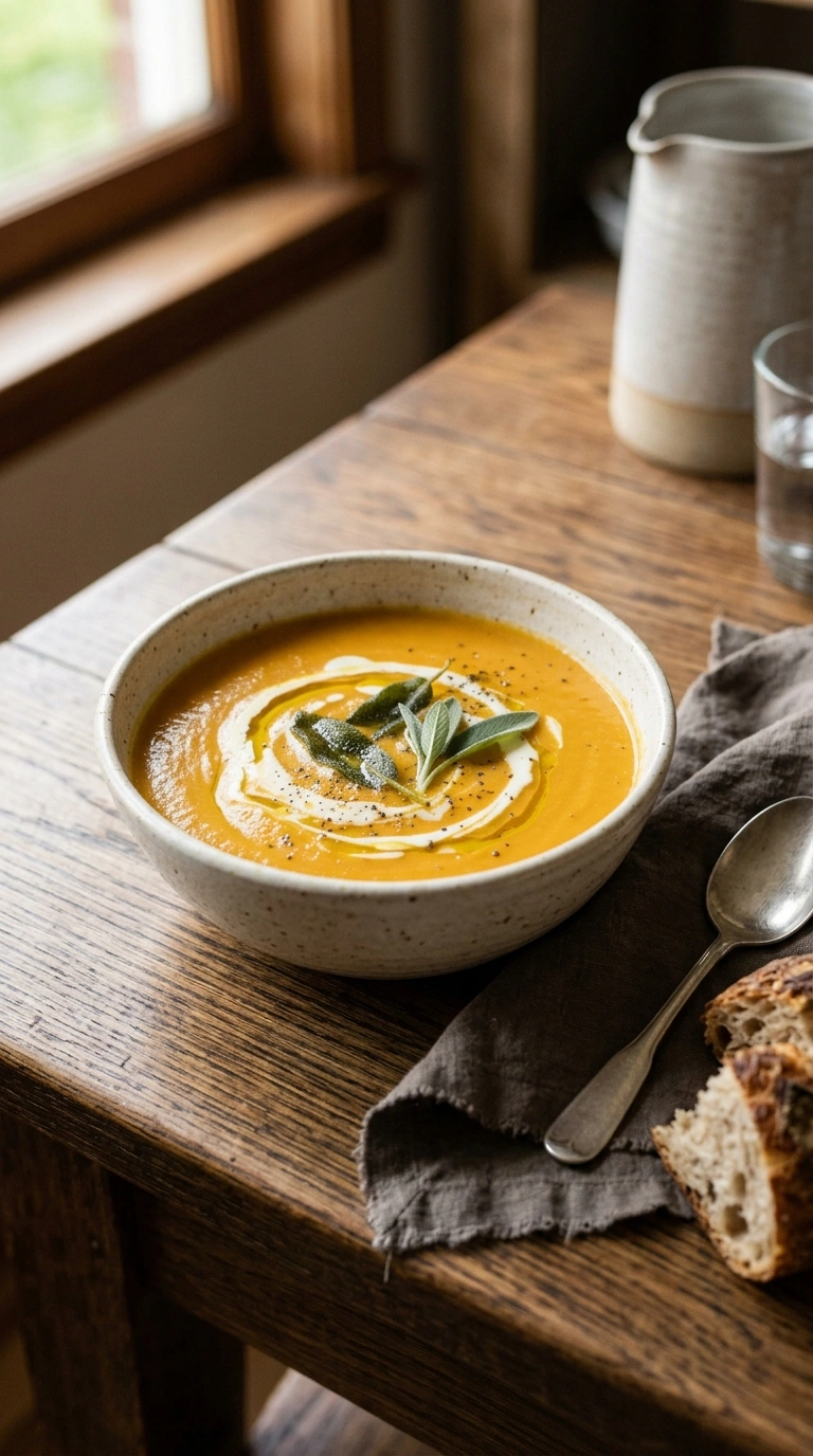 creamy hearty maple butternut soup ready to serve