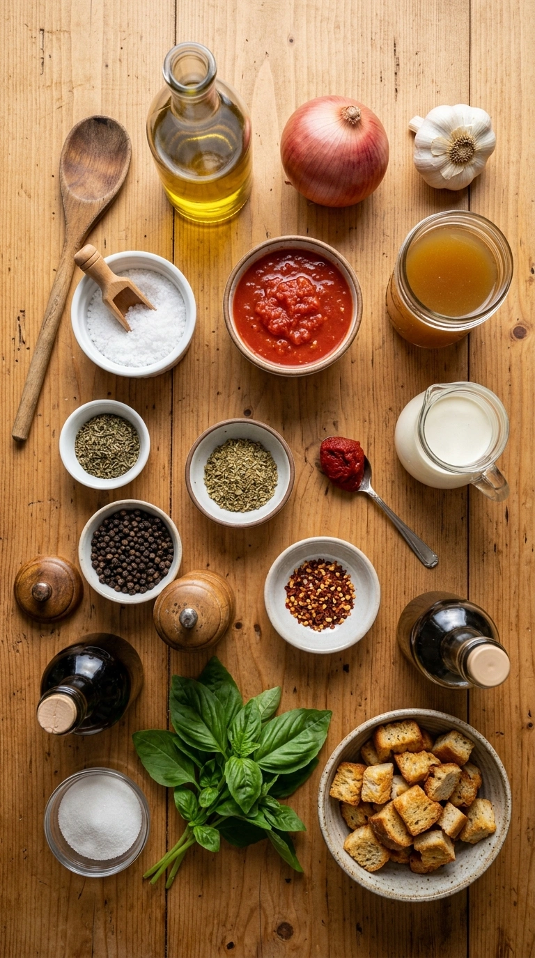 Ingredients for creamy savory tomato soup