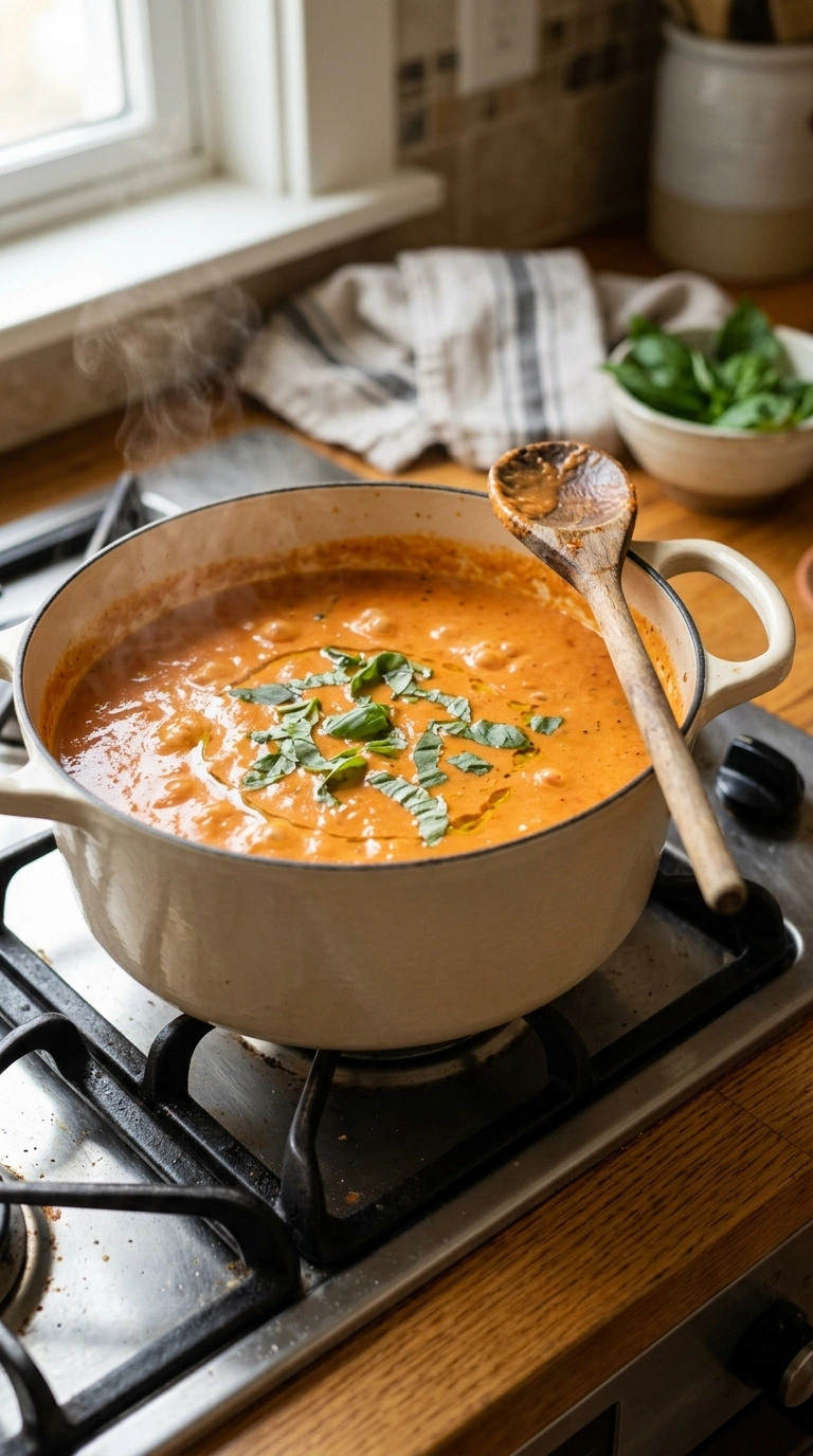 Cooking instructions for creamy savory roasted tomato basil soup