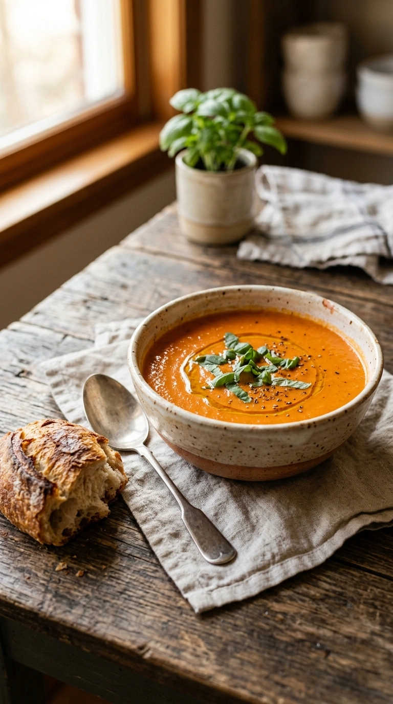 creamy savory roasted tomato basil soup ready to serve