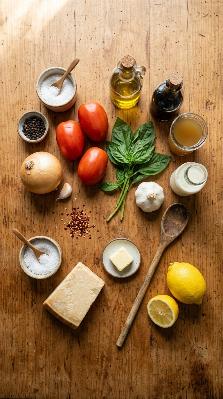 Ingredients for creamy savory roasted tomato basil soup