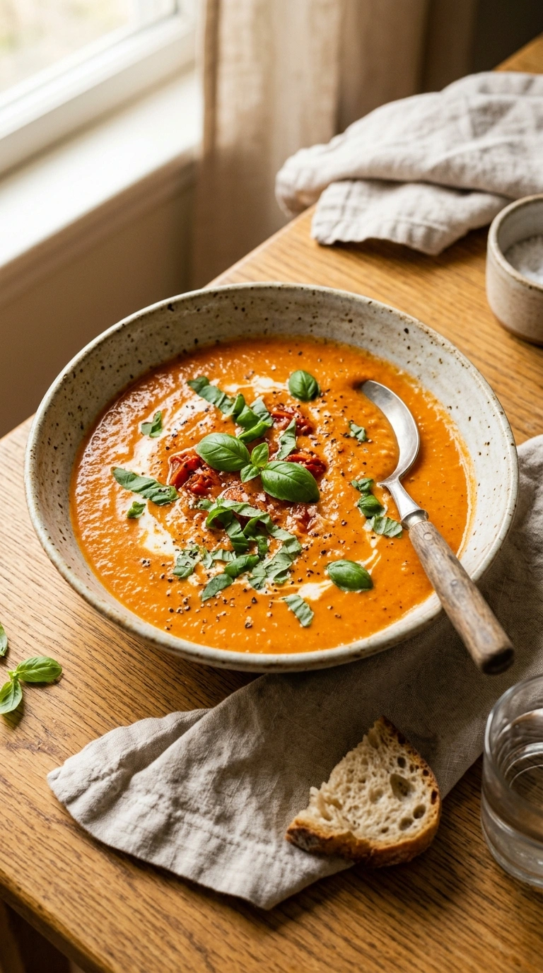 Creamy Savory Roasted Tomato Basil Soup | 50-Min Easy Family Fall Comfort Bowl