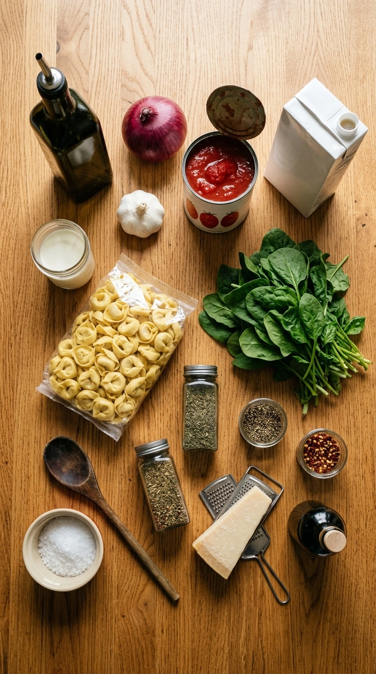 Ingredients for creamy savory tomato tortellini soup