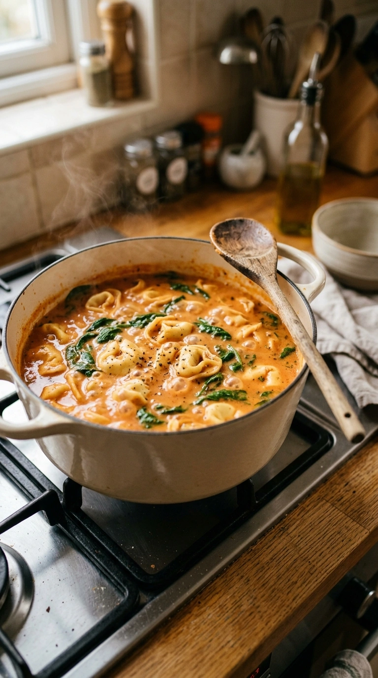 Cooking instructions for creamy savory tomato tortellini soup