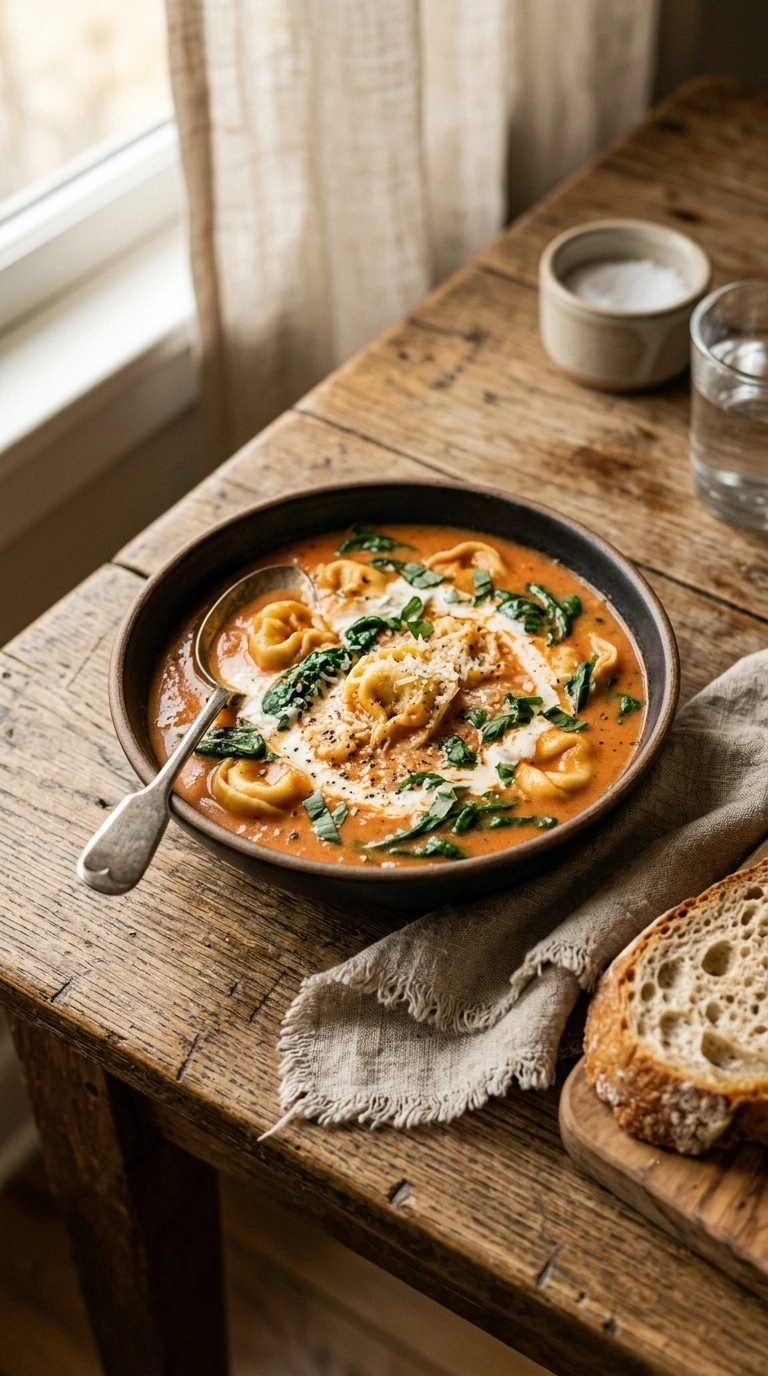 creamy savory tomato tortellini soup ready to serve